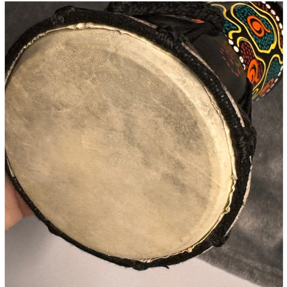 Mini Djembe Drum 8" Wood Hand Made Painted Black Tribal Dot Art Boho Percussion - Picture 6 of 11